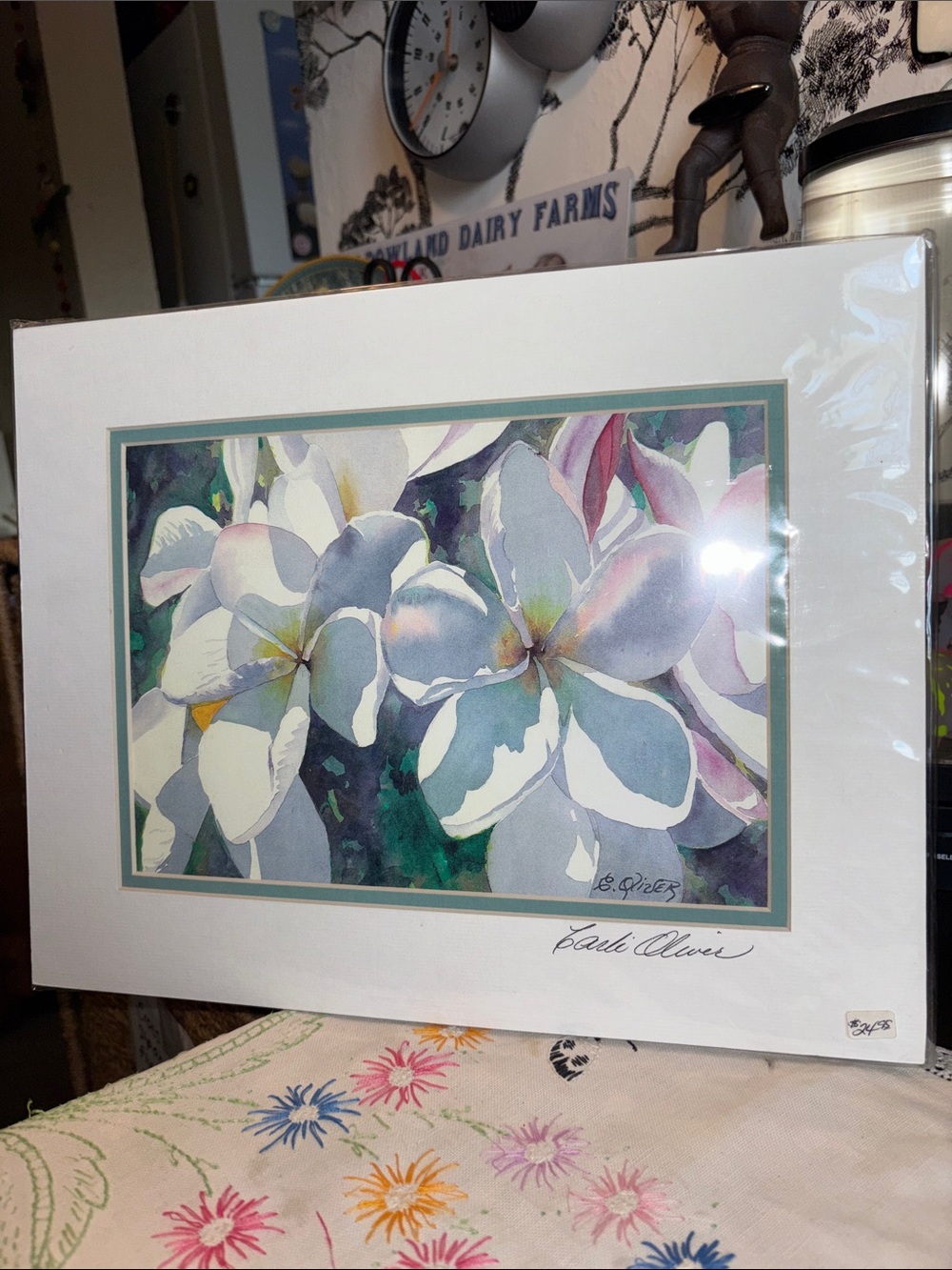 NWT VINTAGE Carlie Oliver Watercolor Print fine art titled "Plumerias” autograph